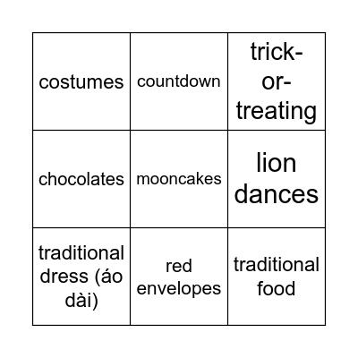 CUSTOMS AND TRADITIONS BINGO Card