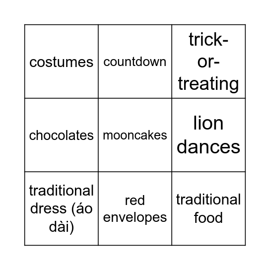 CUSTOMS AND TRADITIONS BINGO Card