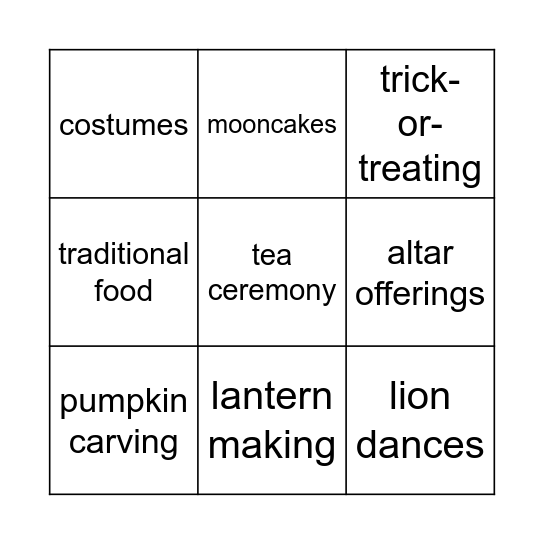 CUSTOMS AND TRADITIONS BINGO Card