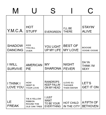 70s Chart Toppers Bingo Card