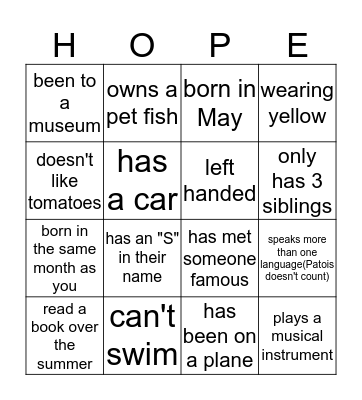 Getting To Know You Bingo Card