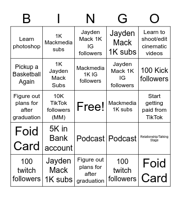 Jayden’s 2024 Bingo Card Bingo Card