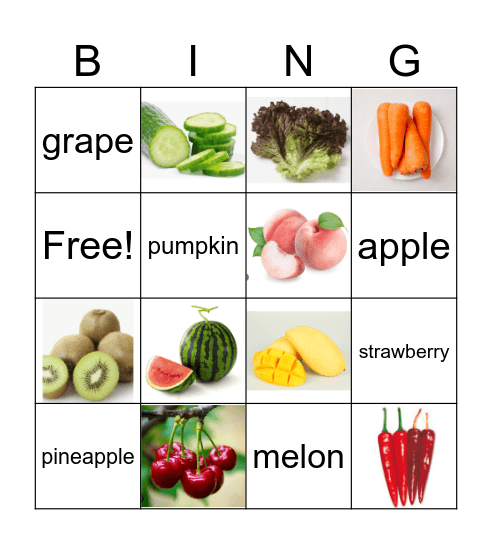 Fruit and vegetable Bingo Card