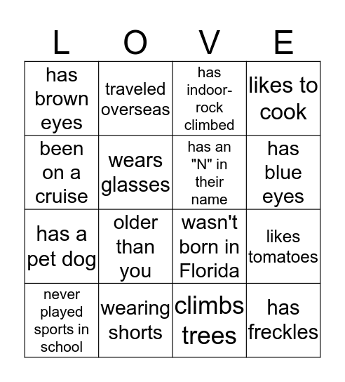 Getting To Know You Bingo Card