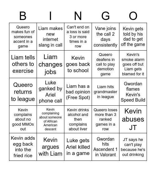 2024 Kevin Slander Bingo Card Bingo Card