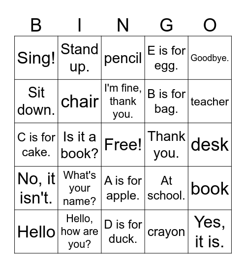 Go to School! Bingo Card