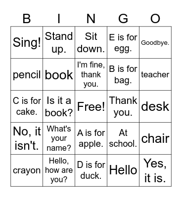 Go to School! Bingo Card