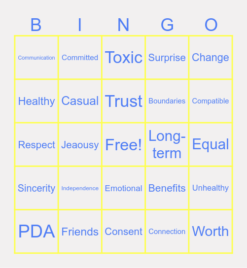 Relationship Bingo Card