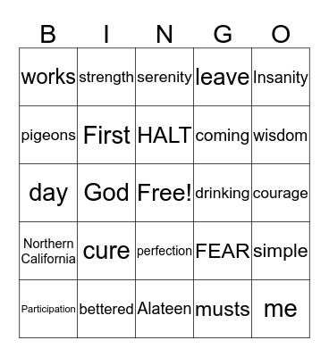 Al-Anon Trivia Bingo Card