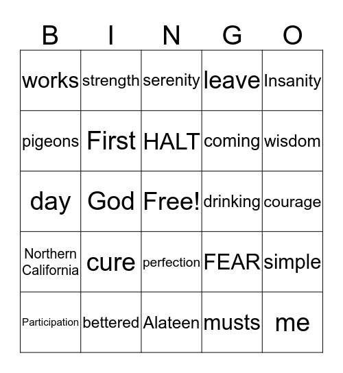 Al-Anon Trivia Bingo Card