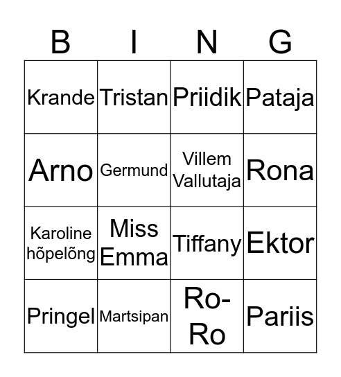Hobuste nimed Bingo Card