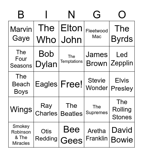 Top Artists of The 60's and 70's Bingo Card