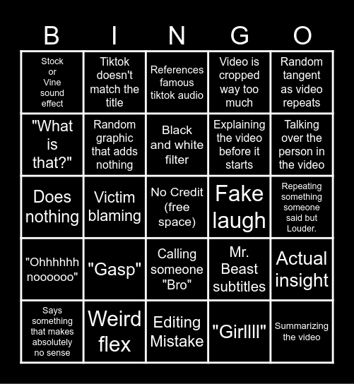 Sssniperwolf Bingo Card