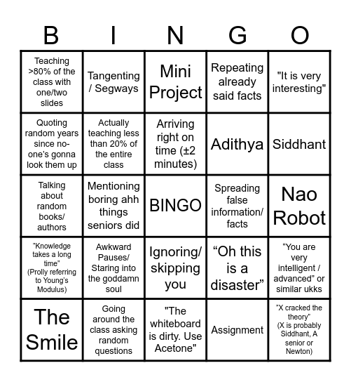 Robot Kinematics Bingo Card