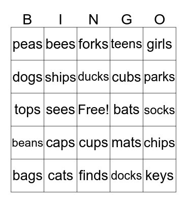 final "s" sounds Bingo Card