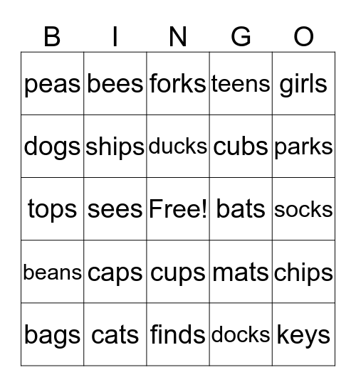 final "s" sounds Bingo Card