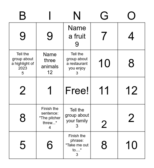 New Years Bingo Card