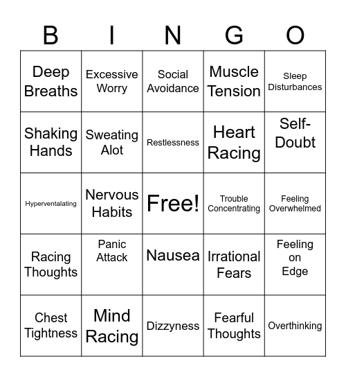 Anxiety Bingo Card