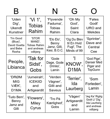 DK Top Songs 2023 Bingo Card