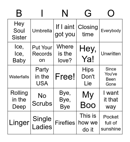 Yesterday's Hits Bingo Card