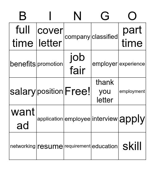 Job Related Words Bingo Card