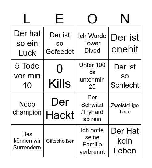 Leons League Bingo Card