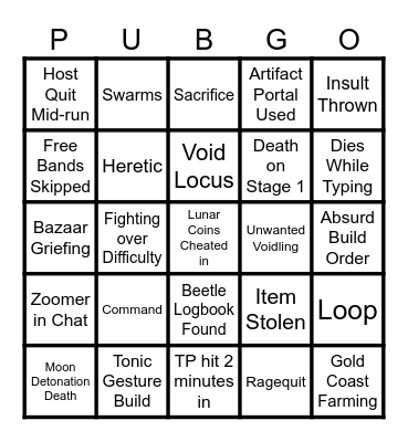 Public Lobby Bingo Card