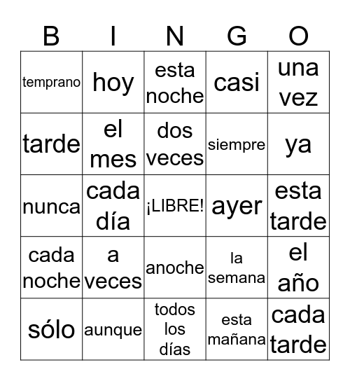 Español 1: expresiones temporales Bingo Card