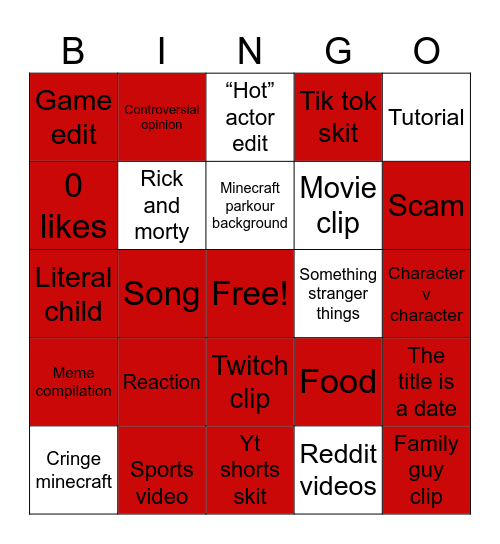 YouTube shorts Bingo Card