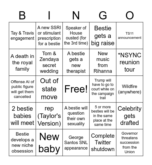 Besties 2024 Bingo Card