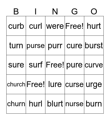 -Ur, -ure, -ur_e Bingo Card