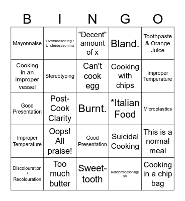 Bad Cooking Bingo Card