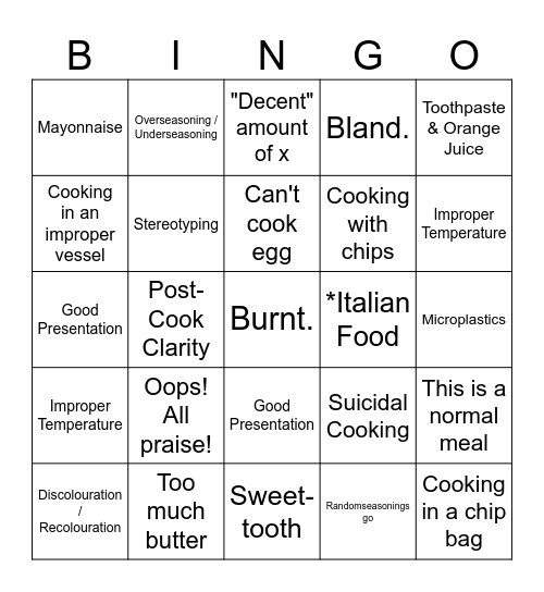 Bad Cooking Bingo Card