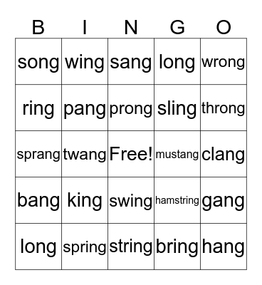 ing,ang,ong Bingo (pg.94) Bingo Card