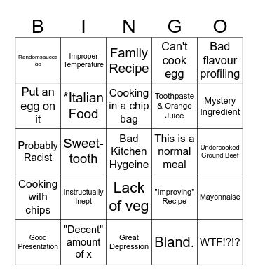 Bad Cooking Bingo Card