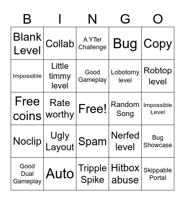 Recent Tab Bingo (Geometry Dash) Bingo Card