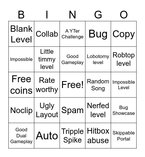 Recent Tab Bingo (Geometry Dash) Bingo Card