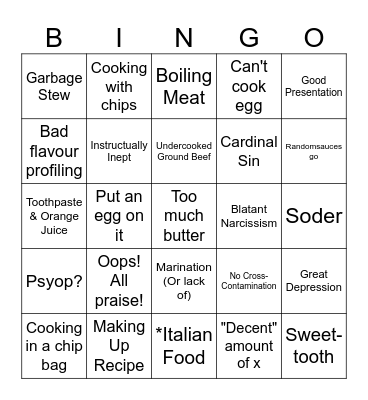 Bad Cooking Bingo Card