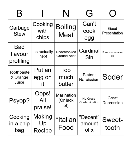 Bad Cooking Bingo Card