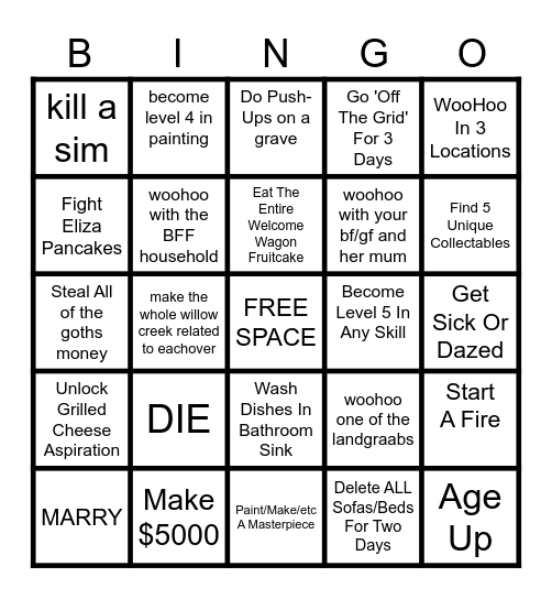 The Sims 4 BINGO! Bingo Card