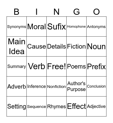 Reading Vocabulary Bingo Card