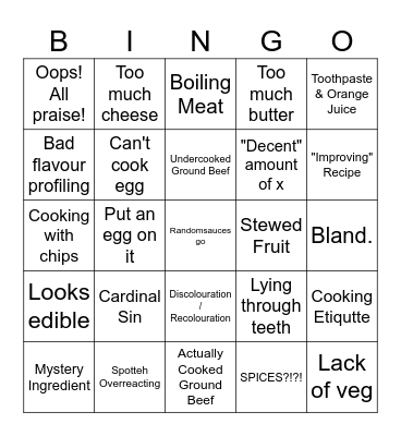 Bad Cooking Bingo Card