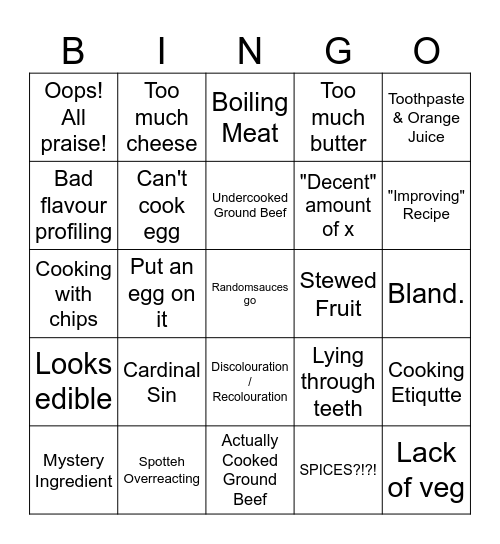 Bad Cooking Bingo Card