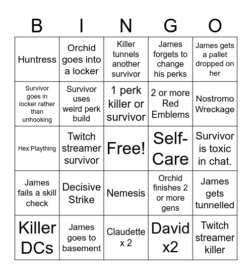 Dead by Daylight Bingo Card