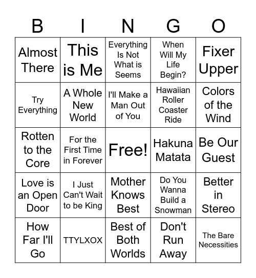 Disney Singo Bingo Card