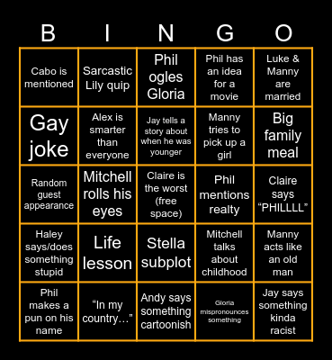 Modern Family Bingo Card