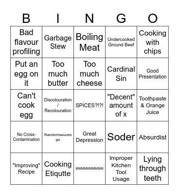 Bad Cooking Bingo Card