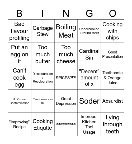 Bad Cooking Bingo Card