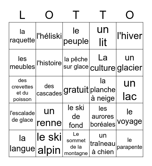 Destinations d'hiver Bingo Card