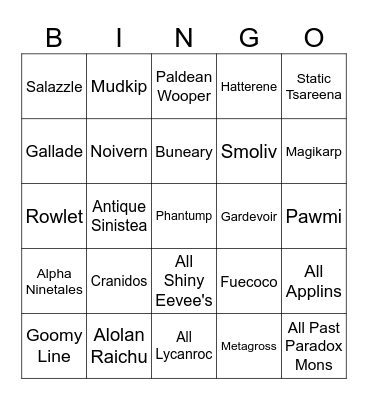 Shiny Pokemon Bingo 2024 Bingo Card